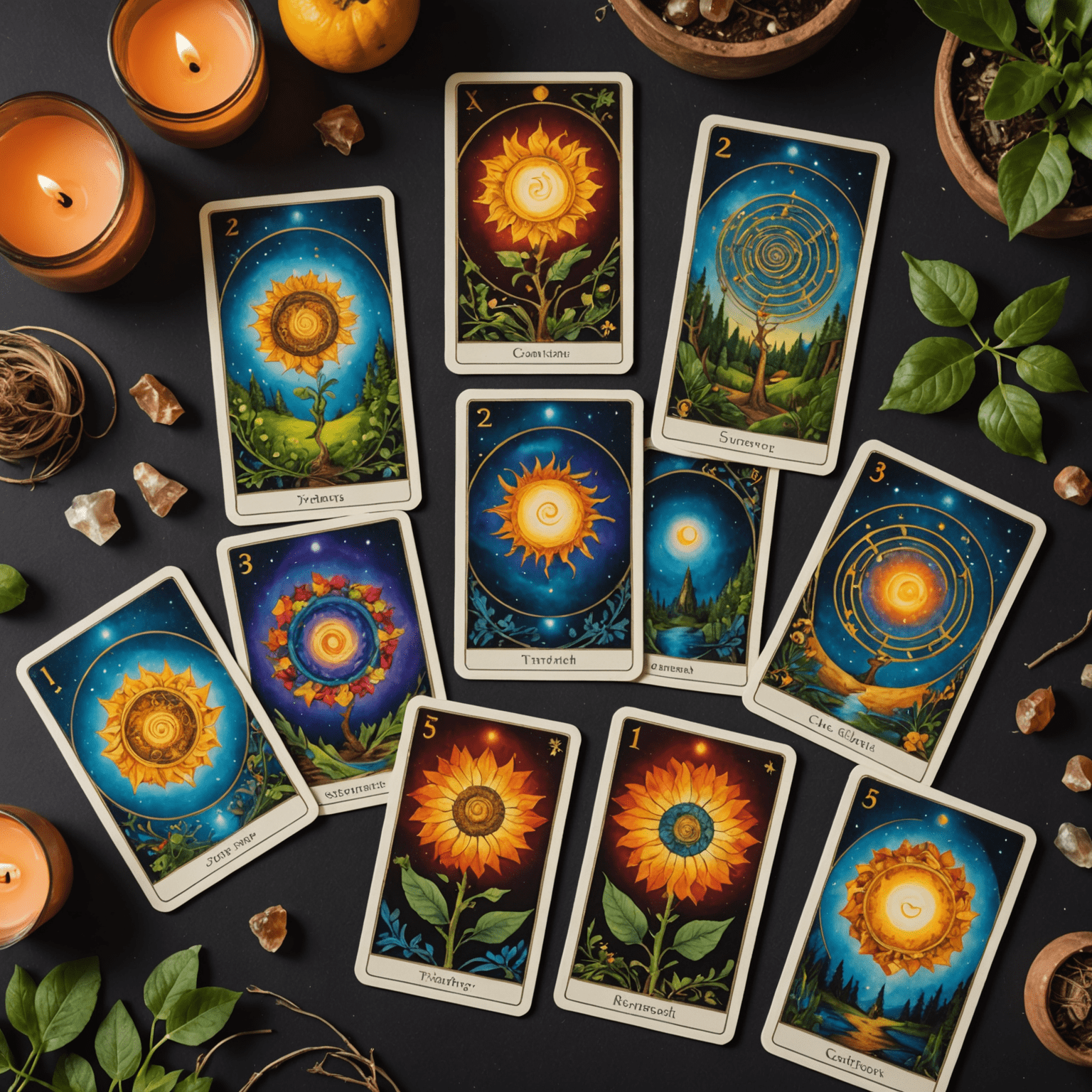 Une série de cartes de tarot disposées en spirale, symbolisant le voyage à travers les transitions de la vie, avec des couleurs vives représentant le changement et la transformation